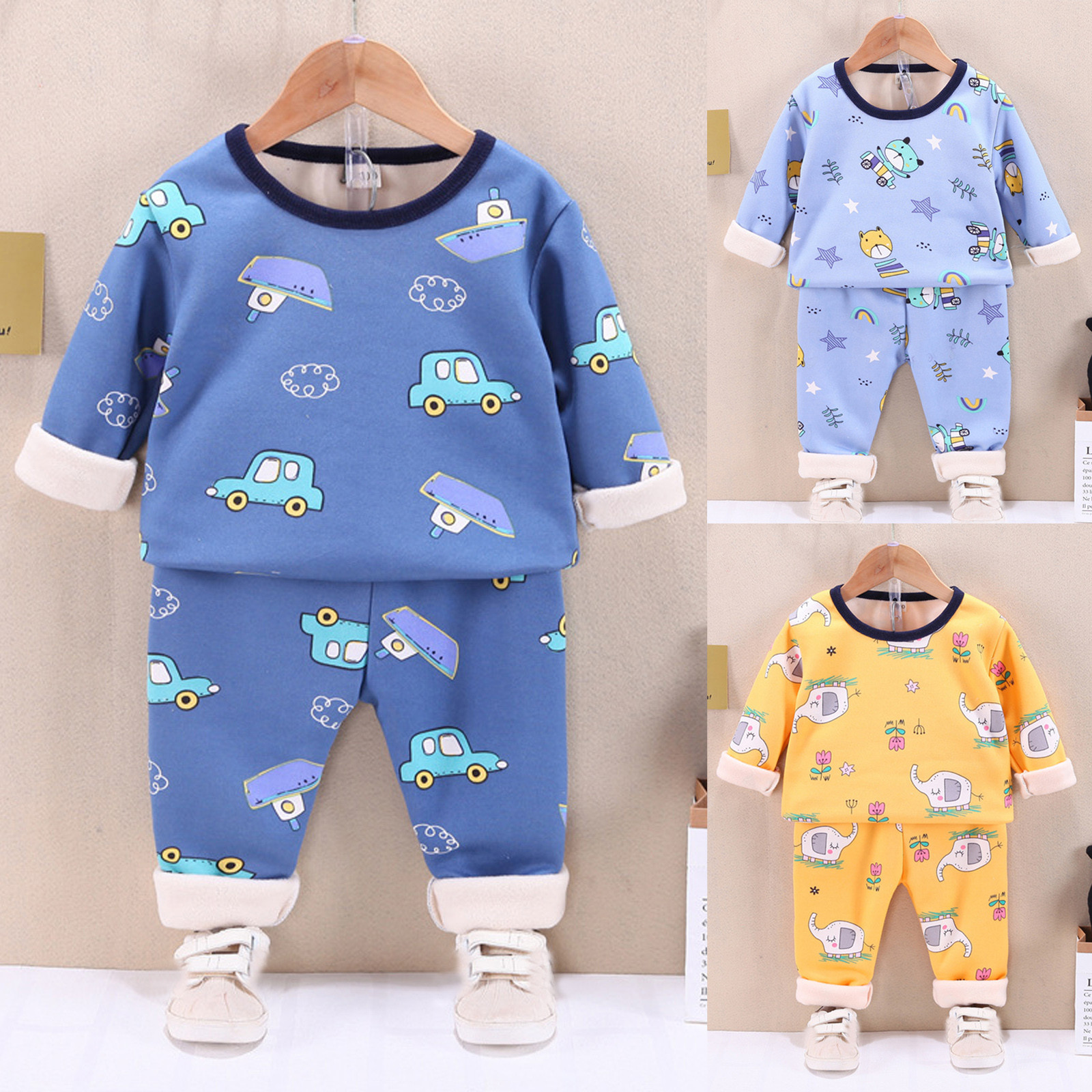 Baby Boy Pajamas Suit Toddler Kids Baby Girls Boys Warm Cartoon Print Crew Neck T-Shirt Tops Soft Pajamas Sleepwear Pants Set